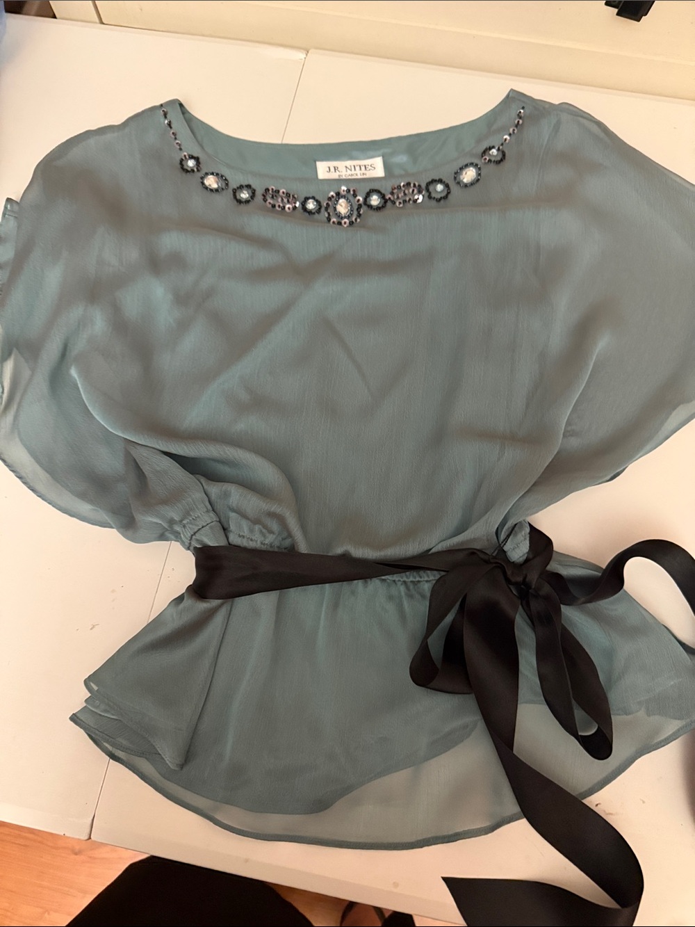 J.R. Nites Sage Green Embellished Chiffon Blouse with Black Ribbon